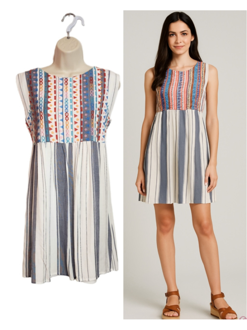 Savanna Jane Boho Striped Embroidered Front Yoke Mini Dress White/Blue Medium